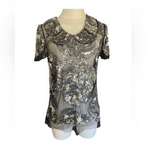 Vintage Tracy Reese Black and Silver Sequin Short Sleeve Top Size P